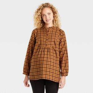 Long Sleeve Brushed Flannel Maternity Blouse - Isabel & Ingrid Brown Plaid XL